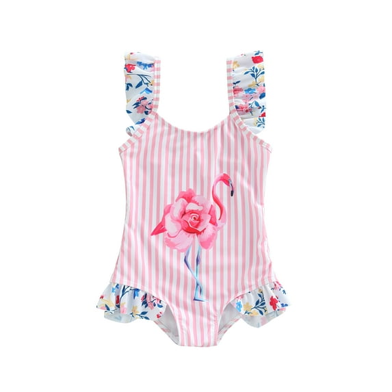Qmyliery Toddler Girl's Summer Bikini, Stripe Flamingo Print Sleeveless Ruffled Summer One-Piece Jumpsuit Swimsuit