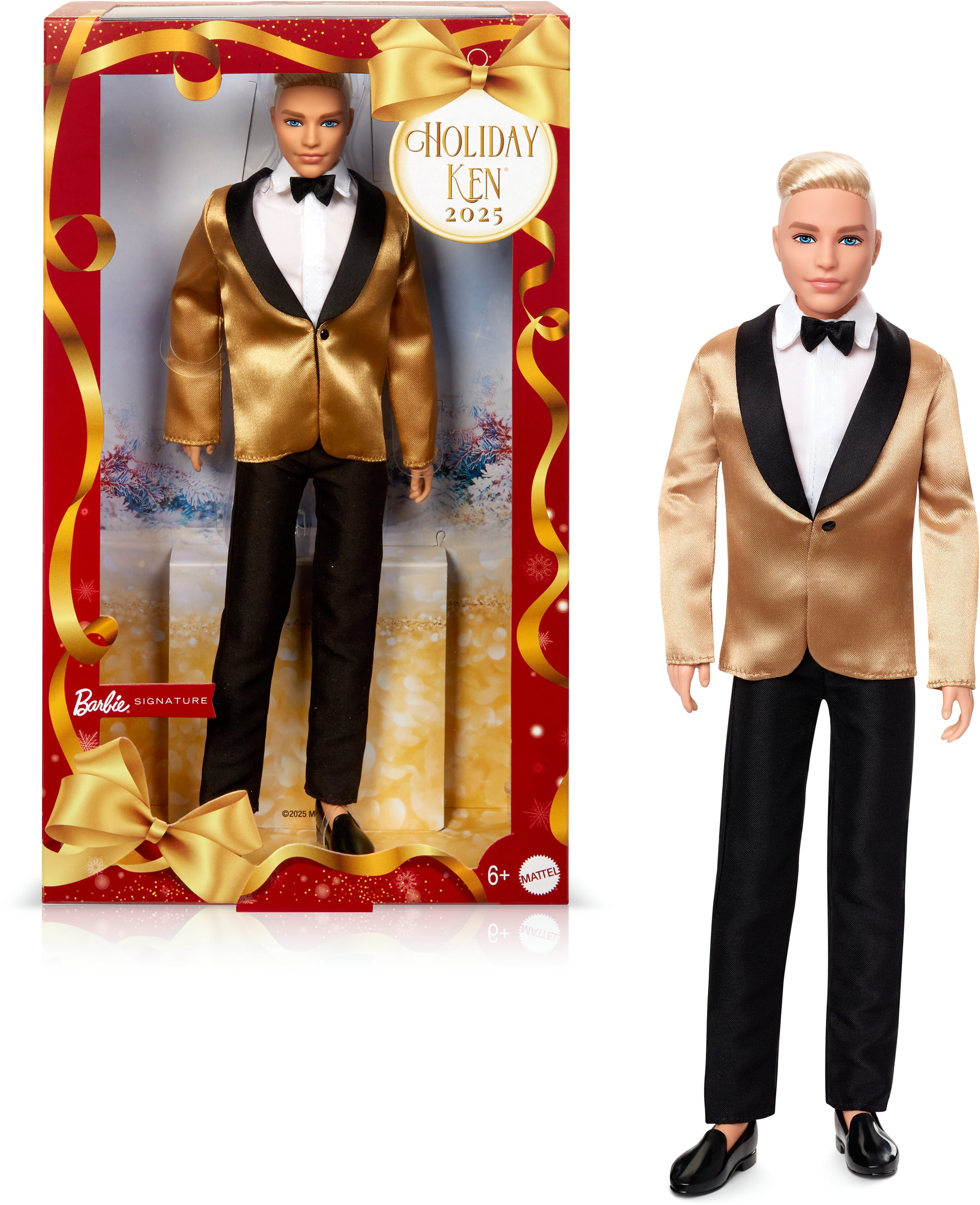 Barbie Signature 2025 Holiday Blonde Ken Collectible Fashion Doll wearing Full Suit with Golden Jacket