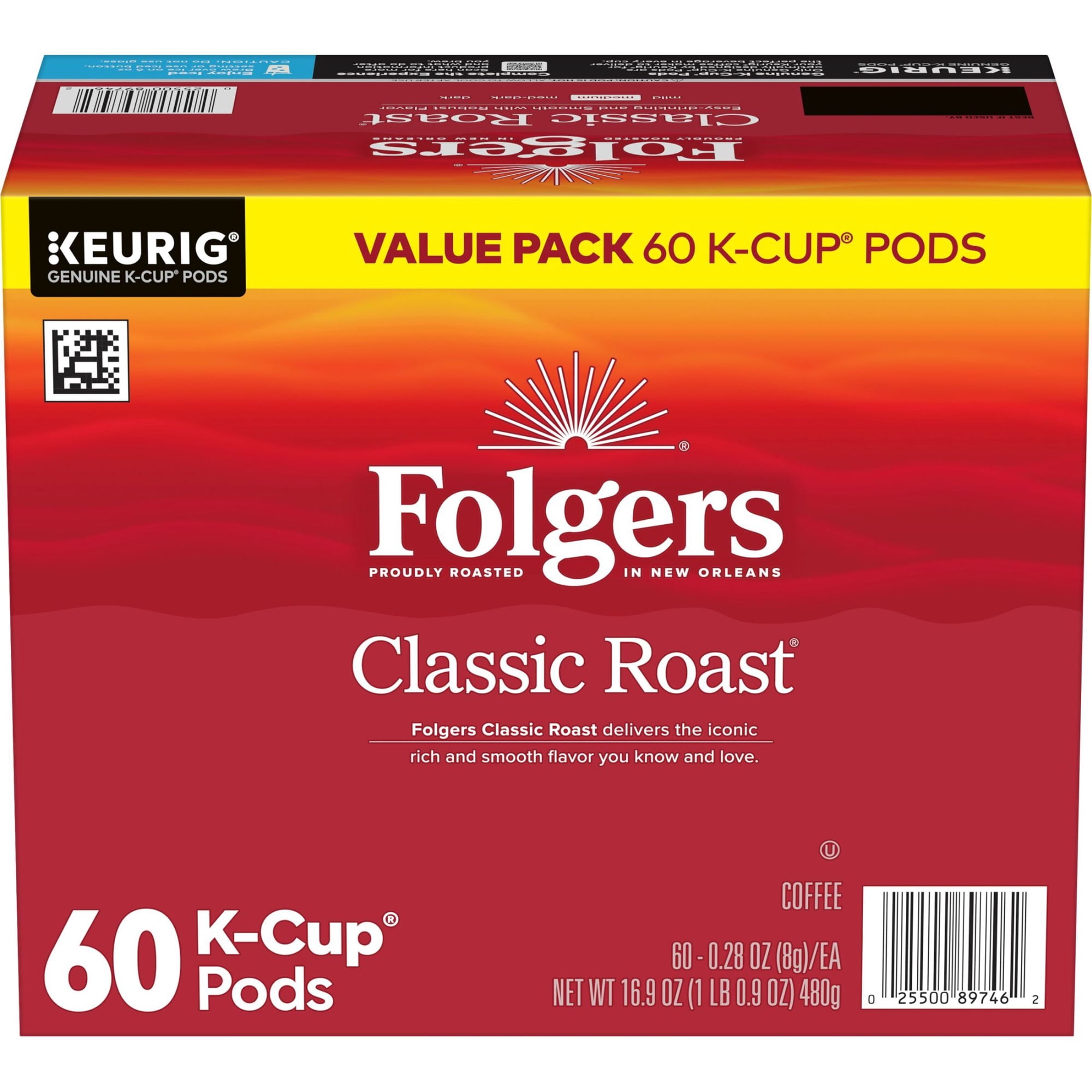 Folgers Classic Roast, Medium Roast Coffee, Keurig K Cup Pods, 60 Count Box