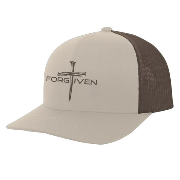 Trenz Shirt Company Christian Forgiven Cross Embroidered Mens Adjustable Snapback Mesh Back Trucker Hat, Khaki/Brown