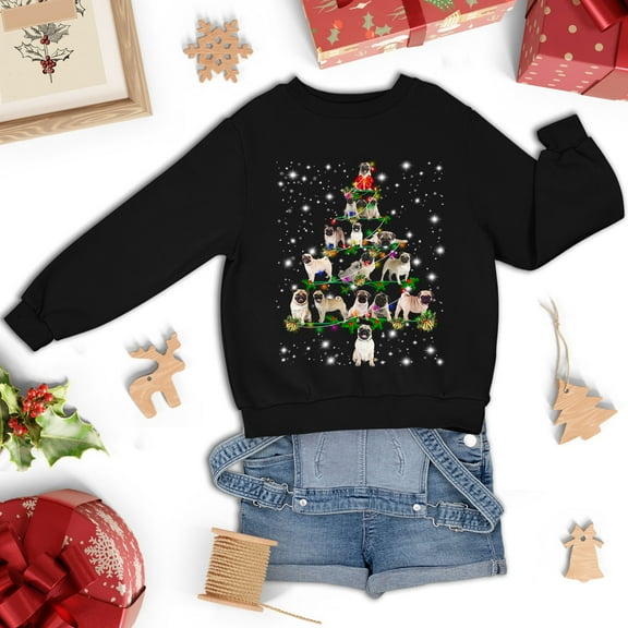 Pug Christmas Tree Sweatshirt, Funny Dog Lover Gift, Pug Christmas Lights Shirts, Christmas Shirts for Women Men