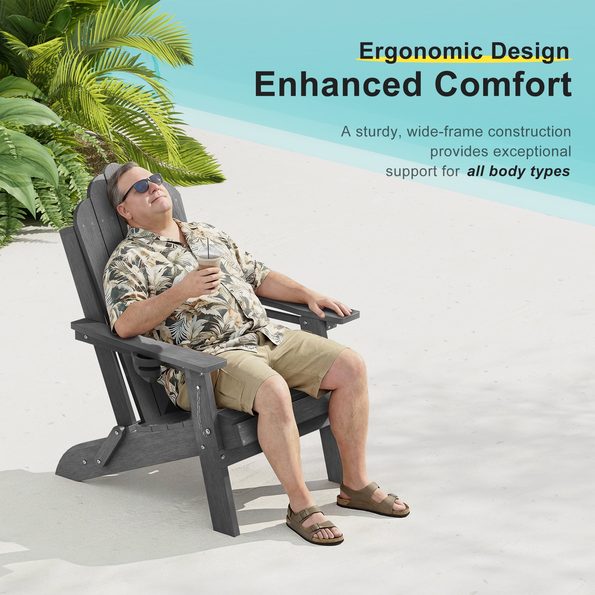 ACEGOSES Foldable Outdoor Adirondack Chair Set of 4 with Cup Holder,Weather Resistant HDPE Plastic for Patio, Fire Pit, Deck, Gray