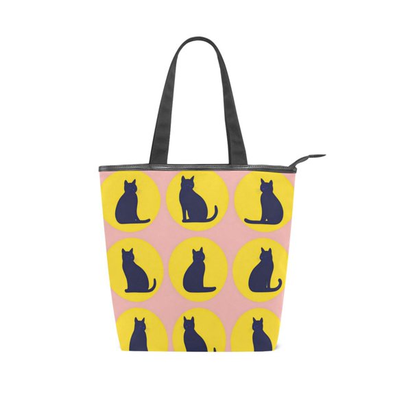 Zipper canvas bag, large capacity large size practical handbag, durable Canvas with leather material, DIY personalized pattern customization. Dark Blue Cats