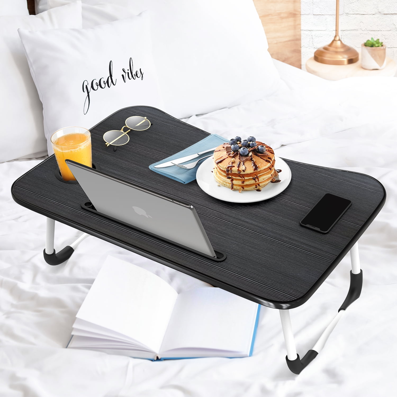 Nestl Reading Pillow Bonus Portable Lap Desk Stand for Laptop, Back Rest Pillow for Sitting in Bed, Shredded Memory Foam Bed Rest Pillow with Arms and Pockets, Standard, Navy