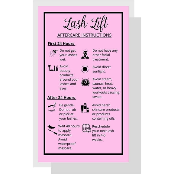 Lash Lift Aftercare Instruction Card  50 Pack  Single Side 2 x 3.5 inches Size  Starter Eyelash Lift Kit at Home DIY aftercare Supplies  Bubblegum Pink with Border Design