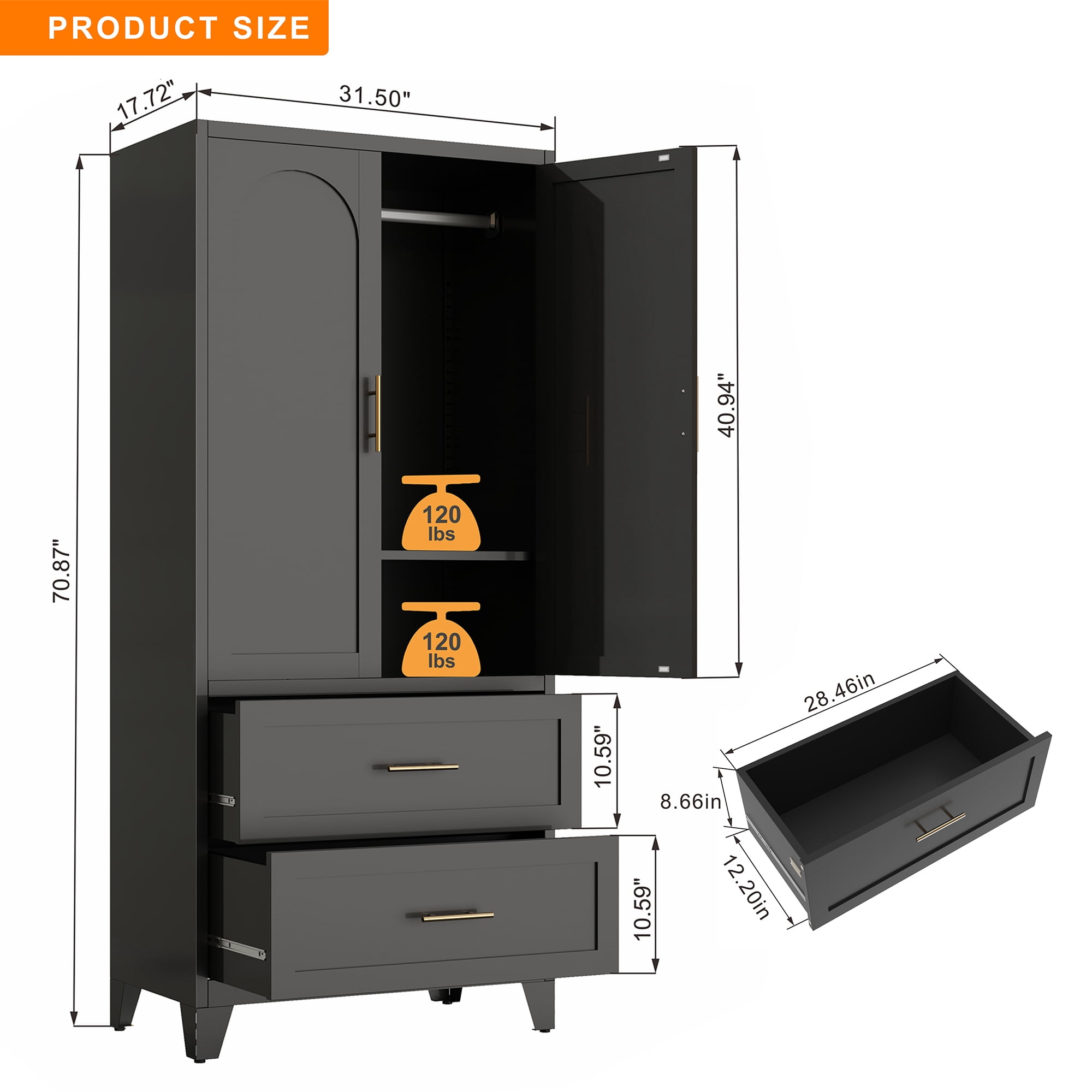 Homy Casa 71" Freestanding Armoire Wardrobe Closet with Doors & Drawers for Bedroom, Guest Room, Black