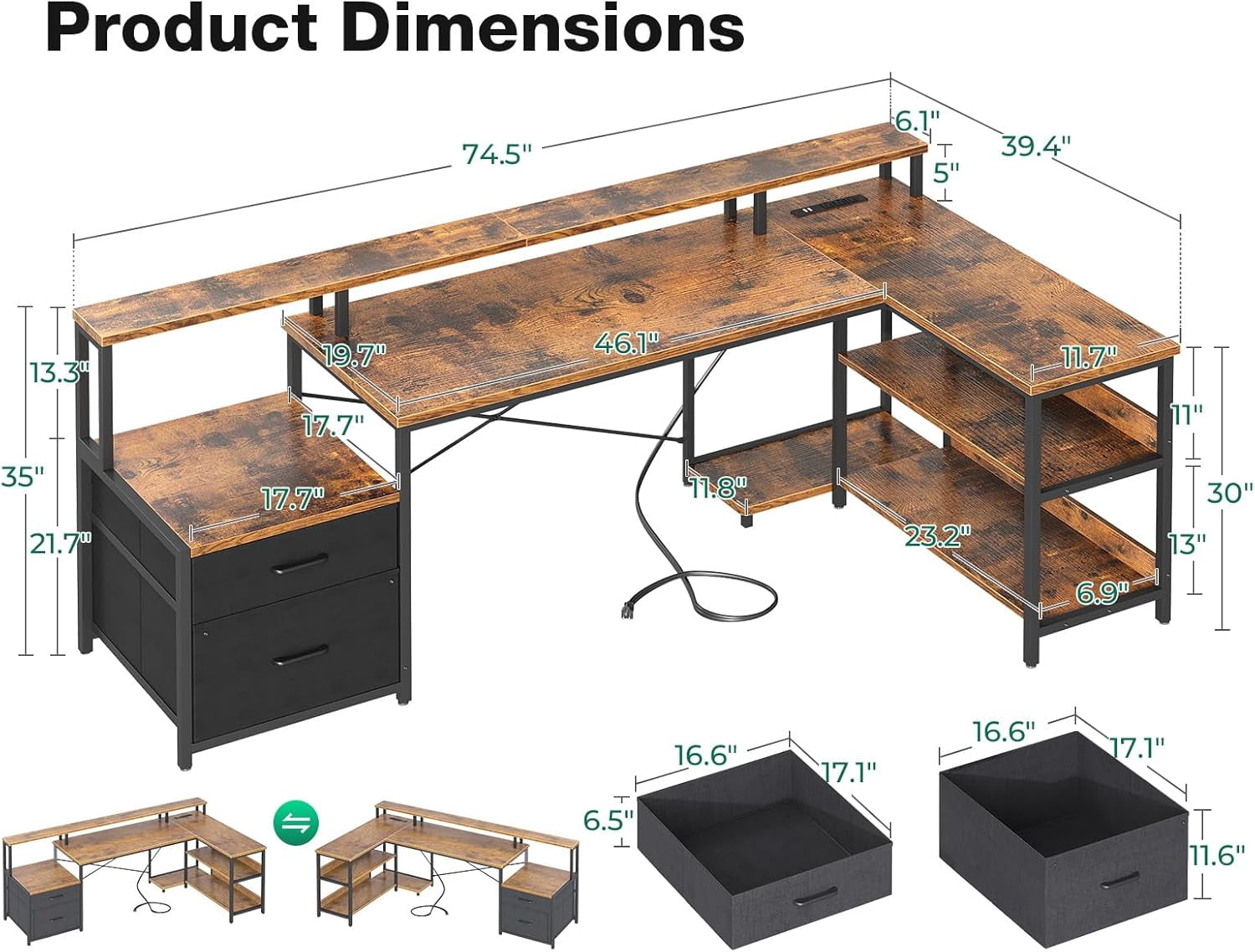 AODK 75" L Shaped Computer Desk with Power Outlet & File Drawers, Reversible Corner Desk for Home Office, Gaming & Remote Work, Includes Storage Shelves & Monitor Stand, Vintage