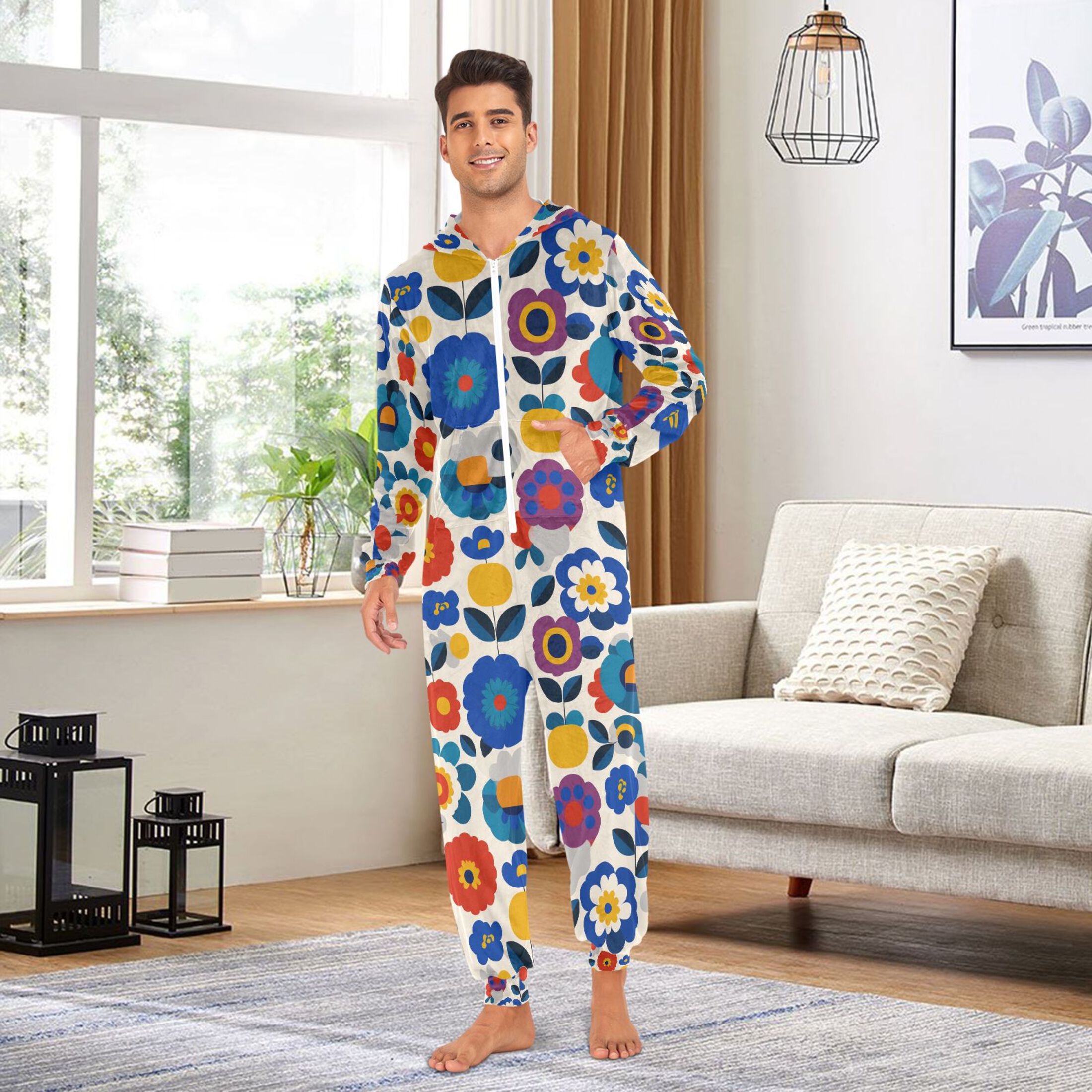 Adult Christmas Onesie Retro Bright Flowers Adult Zipper One-Piece Pajamas Unisex Pajamas with Pockets