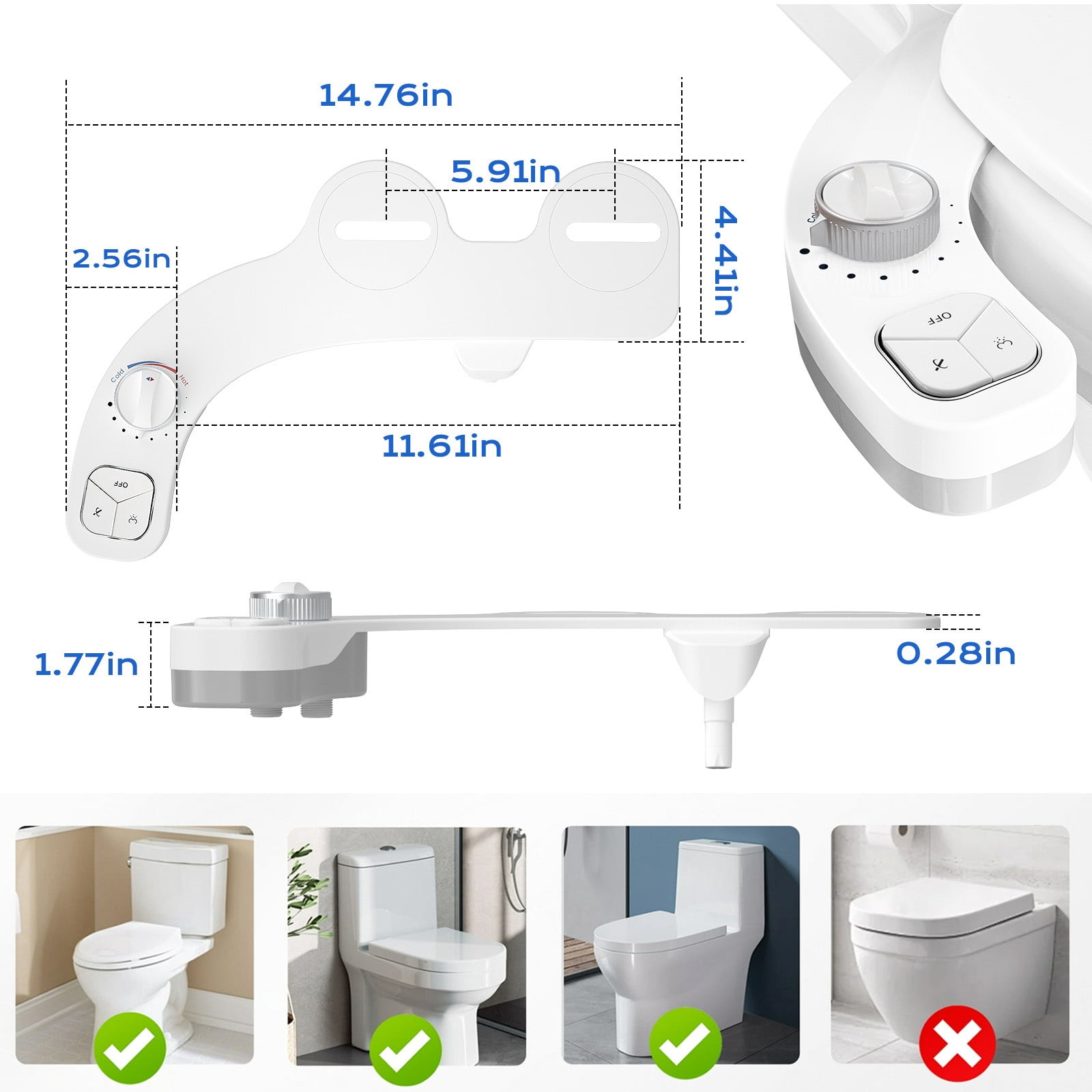 ROSYNEY Bidet Attachments, Ultra-Slim Hygienic Bidet for Existing Toilets,Adjustable Water Pressure, Ease of Installation,White