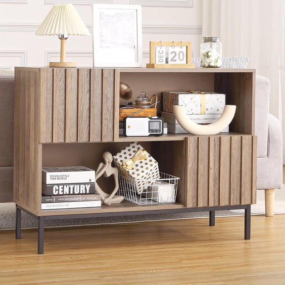 Entryway Table,Mid Century Modern Sideboard Buffet Cabinet with Fluted Door, Storage Shelves & Metal Legs, Console Sofa Table Accent Cabinet for Living Room Hallway