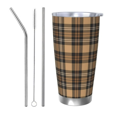 

Zeuib khaki coffee plaid Printed 20oz Stainless Steel Insulated Car Cup Stainless Steel Thermal Cup Vacuum Insulated Leak-proof Travel Mug Cup-Straw Three-piece Set
