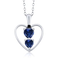 Gem Stone King 925 Sterling Silver Blue Created Sapphire and Black Diamond Pendant Necklace for Women (1.01 Cttw, Gemstone September Birthstone, Heart 5MM and 4MM, with 18 inch Silver Chain)