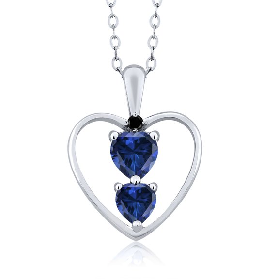 Gem Stone King 925 Sterling Silver Blue Created Sapphire and Black Diamond Pendant Necklace for Women (1.01 Cttw, Gemstone September Birthstone, Heart 5MM and 4MM, with 18 inch Silver Chain)