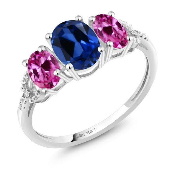 Gem Stone King 10K White Gold 3-Stone Diamond Engagement Ring 2.02 Ct Oval Blue Created Sapphire Pink Created Sapphire (Size 8)