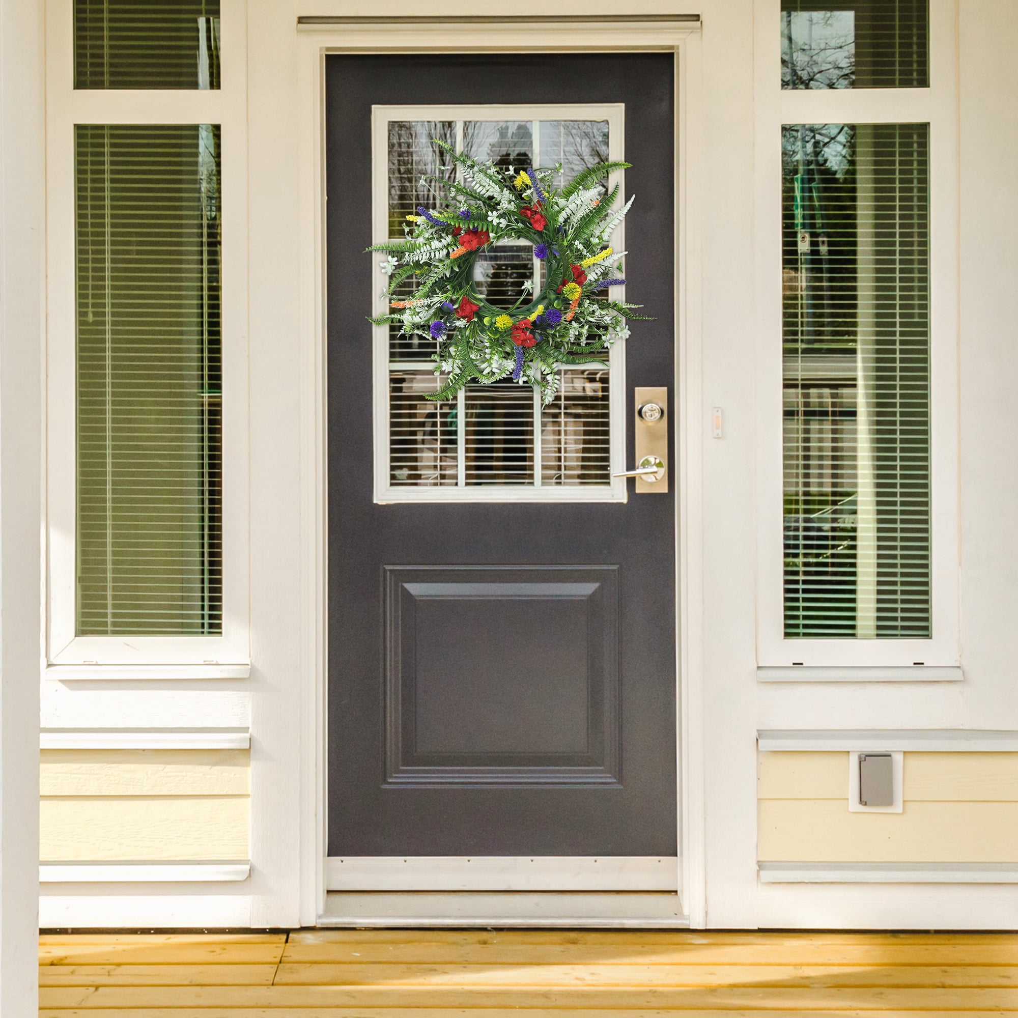 Unique Bargains Colorful Flower Front Door Wreath Farmhouse Spring Summer Decor Green 14"