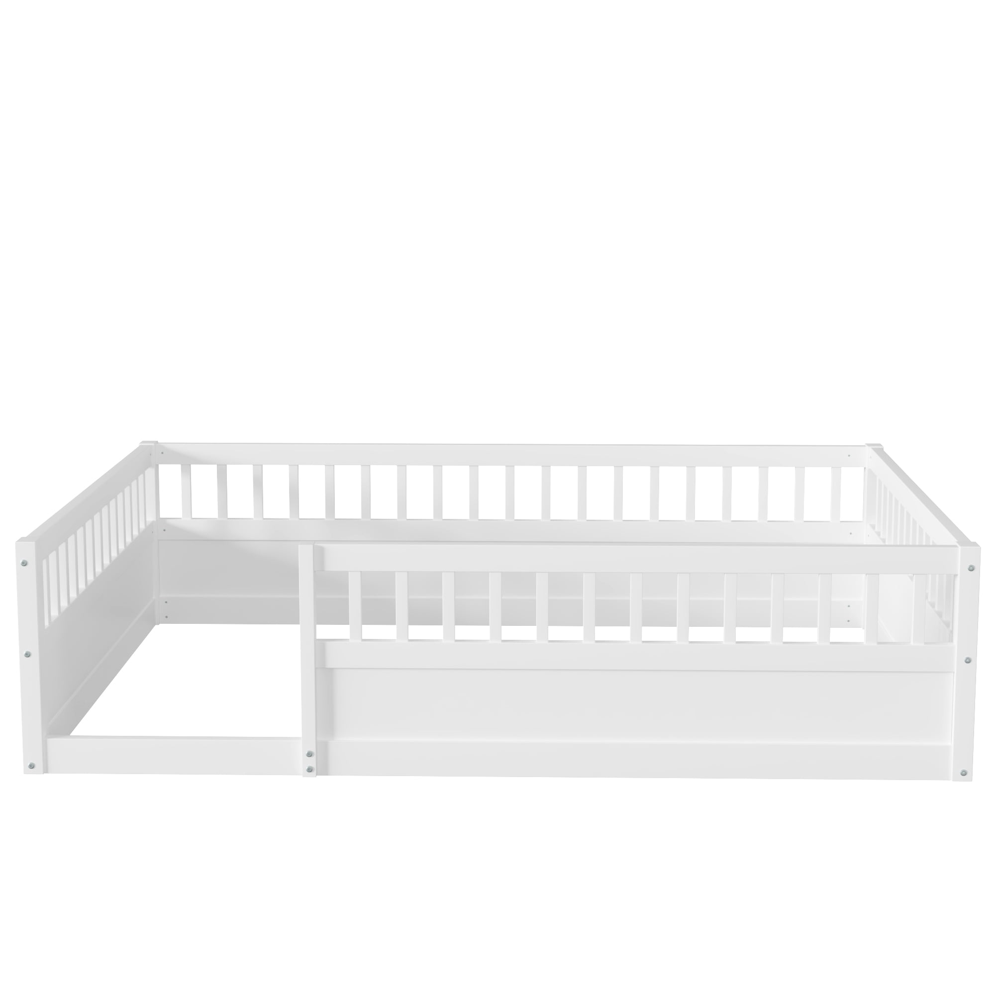Aukfa Full Size Bed Frame with High Fence, Wood Montessori Floor Bed for Kids Toddler, White