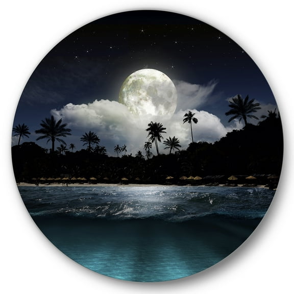 Designart 'Green Beach Under Tropical Full Moon' Modern Circle Metal Wall Art 36x36 - Disc of 36