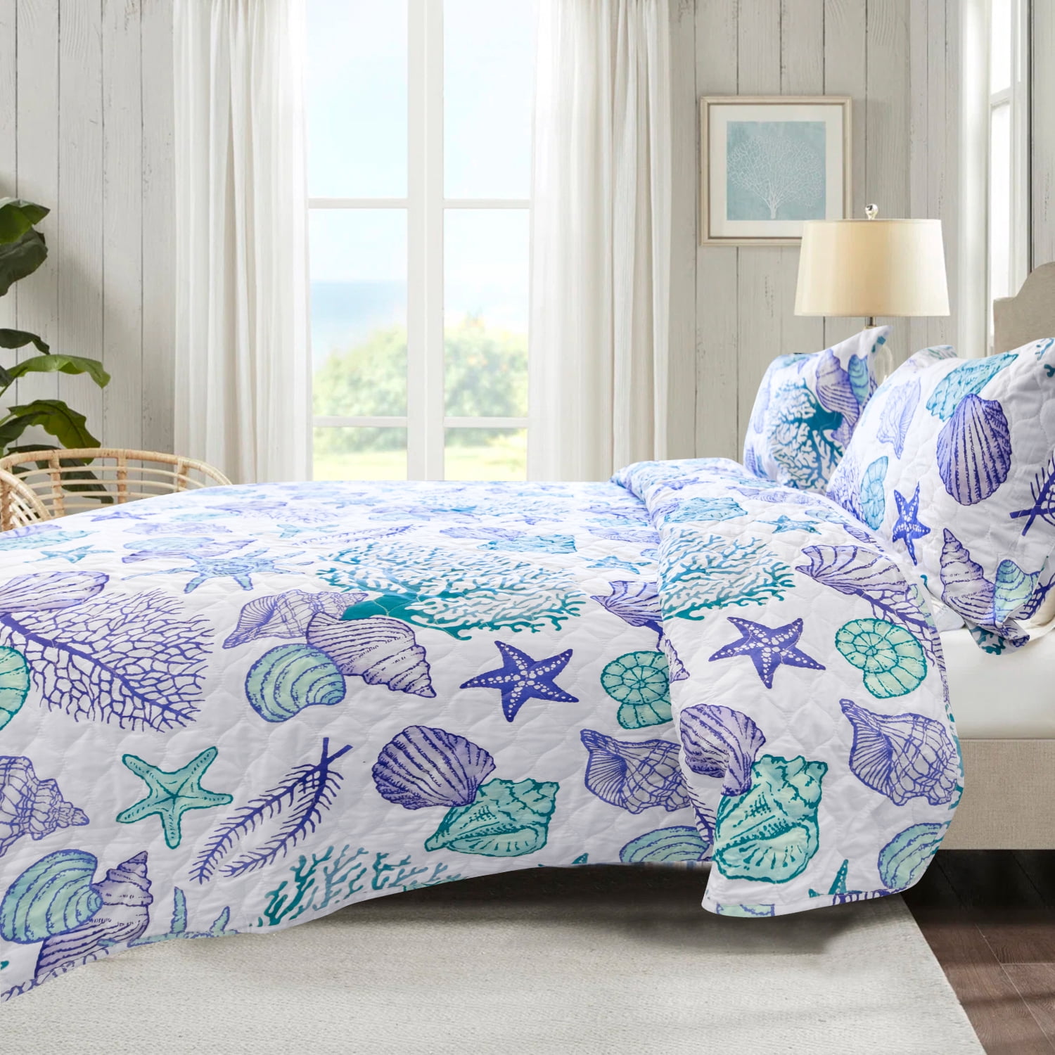 Kebury Ocean Beach Quilts Bedding Set Twin Size Lightweight Patchwork Coastal Quilted Bedding Blue Ocean Printed Coverlets Conch Seashell Starfish Seaweed Bedspreads (1 Quilt, 2 Pillow Shams)