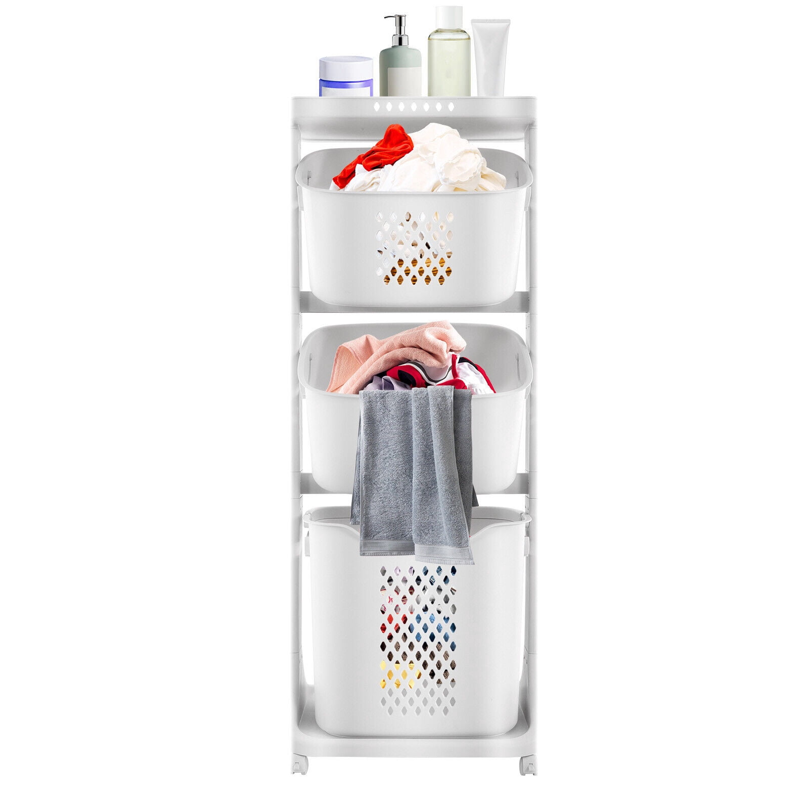 Rolling Laundry Hamper Storage Sorter, 3 Tier Rolling Laundry Hamper Cart White Laundry Baskets with Wheels for Kitchens Bathrooms Bedrooms Classrooms Laundry Rooms
