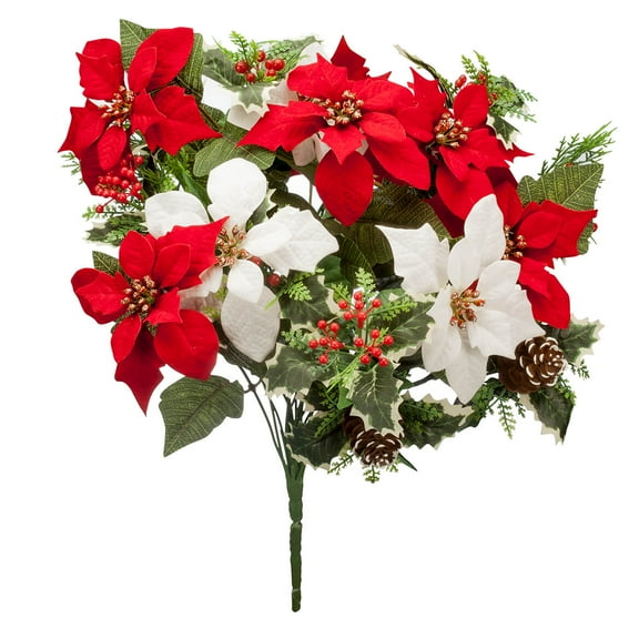 OakRidge Holiday Poinsettia & Pinecone Bush – Artificial Floral Indoor/Outdoor Home Décor – 21” High Overall