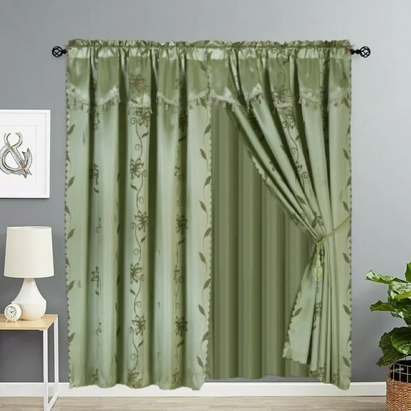 Nada Sage Green Complete Set Window Curtain Floral Faux Silk Panels Attached Valance and Backing Sheer Rod Pocket 120" W X 84" L