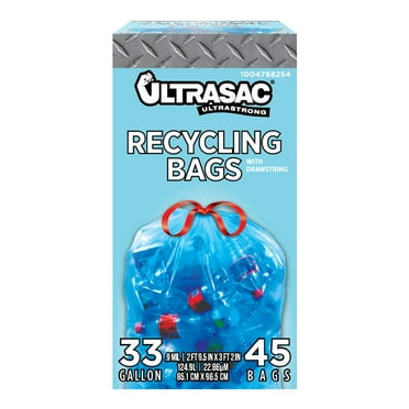 Ultrasac - Drawstring Recycling Bags, 33 Gallon, .9 Mil, 33" x 38", Blue, 45 Count