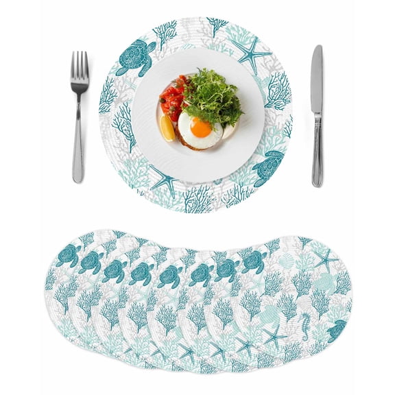 Turquoise Coastal Round 13 Inch Placemats Set of 8, Sea Turtle Nautical Coral Summer Beach HeatResistant Non Slip Place Mats for Dining Table, Wipeable Braided Kitchen Table Mats for Housewarming