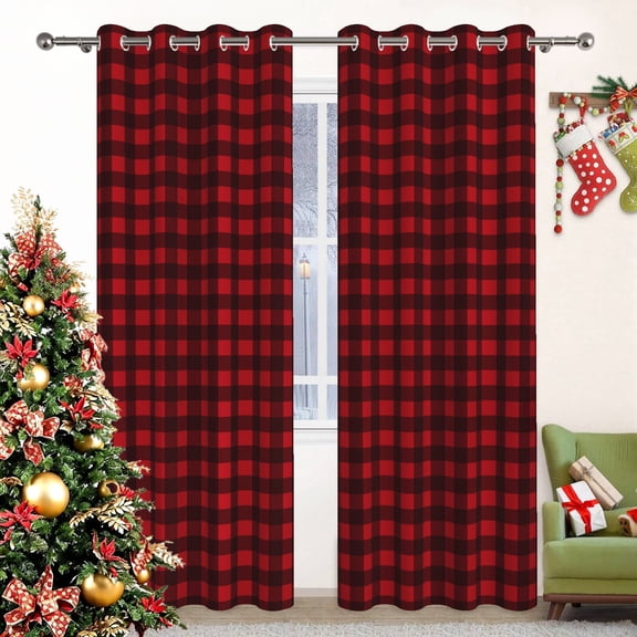 Christmas Red Buffalo Plaid Blackout Curtains,Thermal Insulated Darkening Window Drapes,Black Red,52x84 inches,2 Panels
