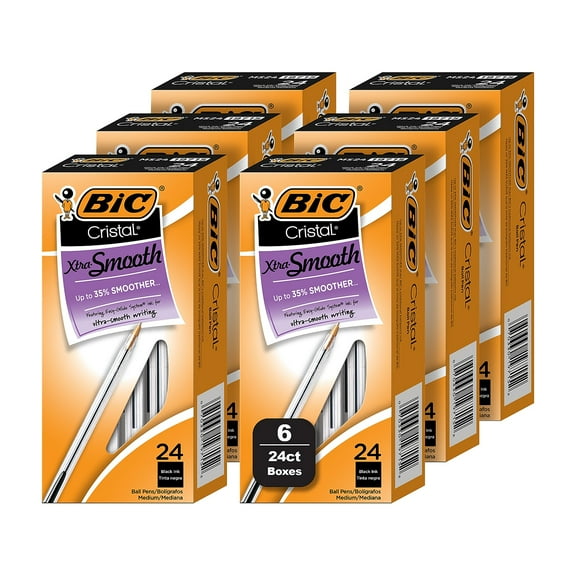 BIC Cristal Xtra Smooth Ballpoint Pen Medium Point Black Ink 24/Box 6 Boxes/Pack (MS144E-BLK)