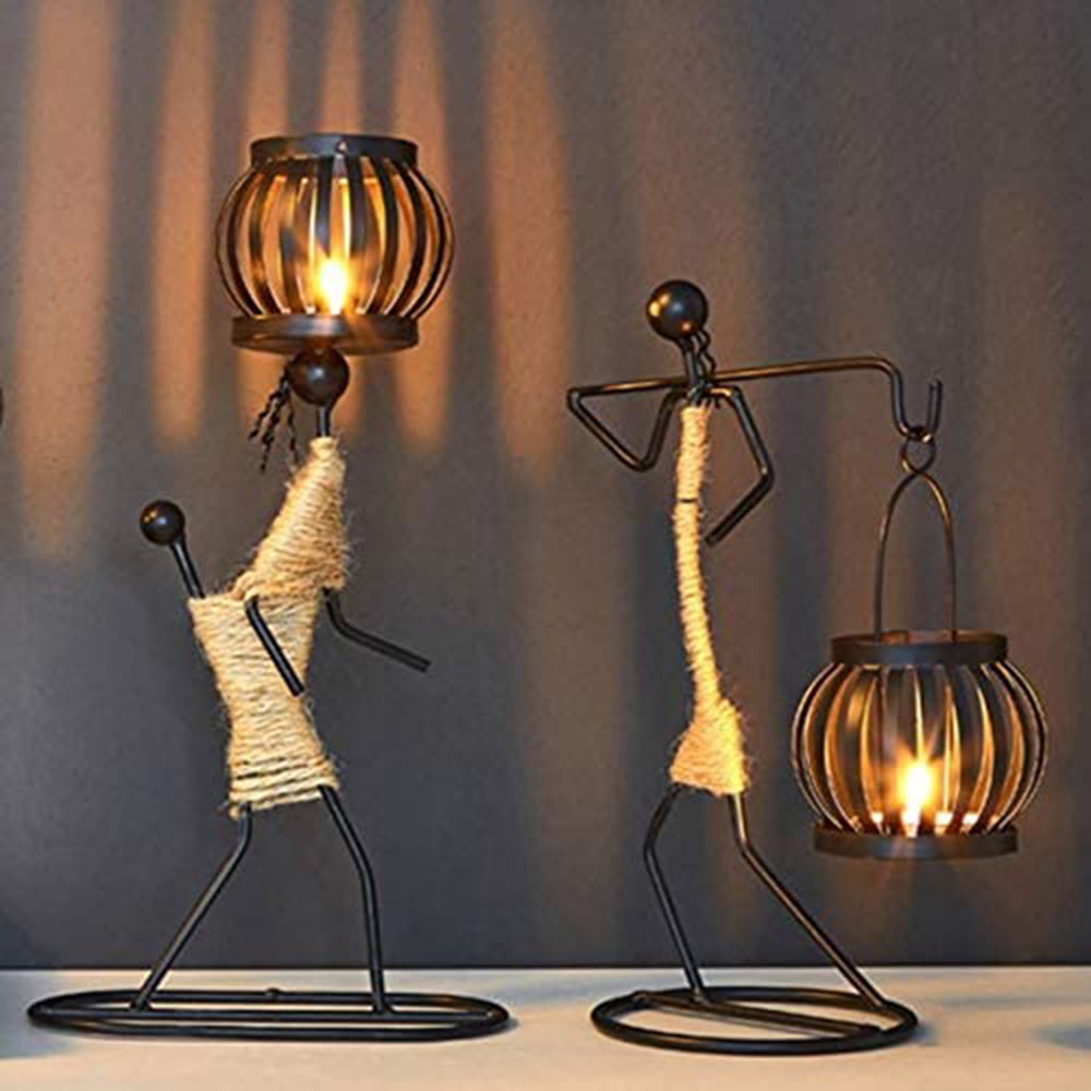 NA 2Pcs Candle Holders for Tables Retro Black Iron Candlestick Holders Vintage Candle Stand Little Girl Shaped with Hemp Rope Design for Home Tables Valentine Wedding Christmas Decoration A