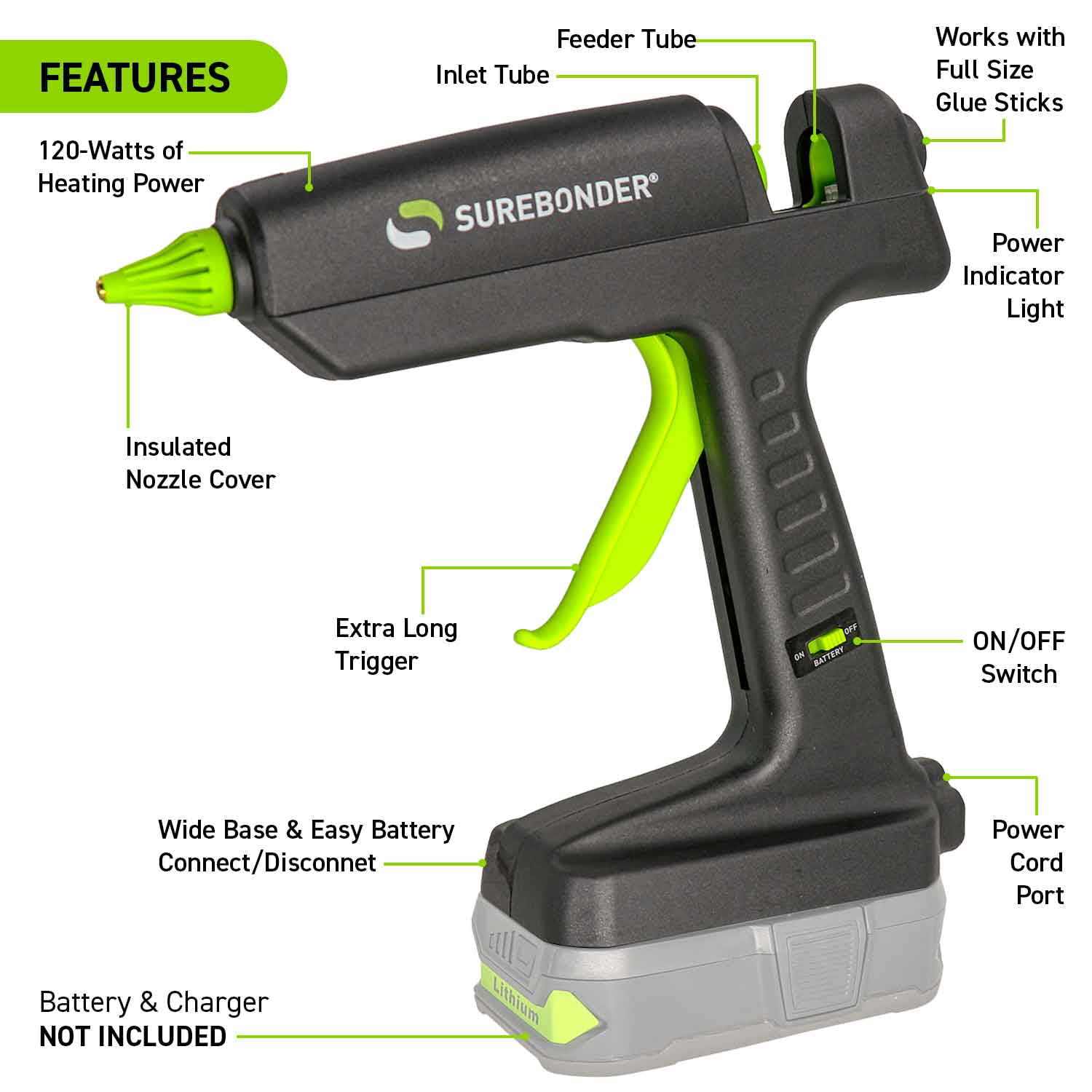 Surebonder HYBRID-120 Professional 120 Watt Corded/Cordless Hybrid, Heavy Duty, Full-Size Hot Glue Gun (For Use With Ryobi Lithium-Ion 18V Battery - NOT Included)
