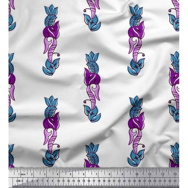 Soimoi Polyester Crepe Fabric Leaves & Floral Block Printed Fabric 1 Yard 52 Inch Wide