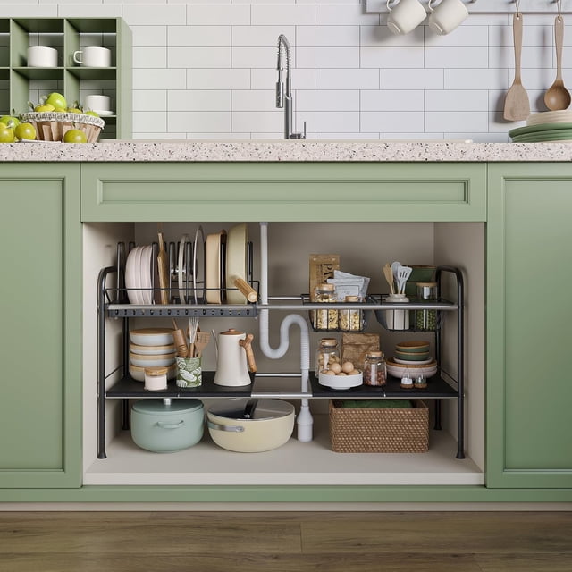Organizador Bajo Fregadero, Estante de Cocina Expandible de 2 Niveles con 2 cestas metálicas, 1 Organizador de Tapas de Ollas 7 Compartimentos Ajustables, Adecuado para cocinas, An 69.3-81 cm