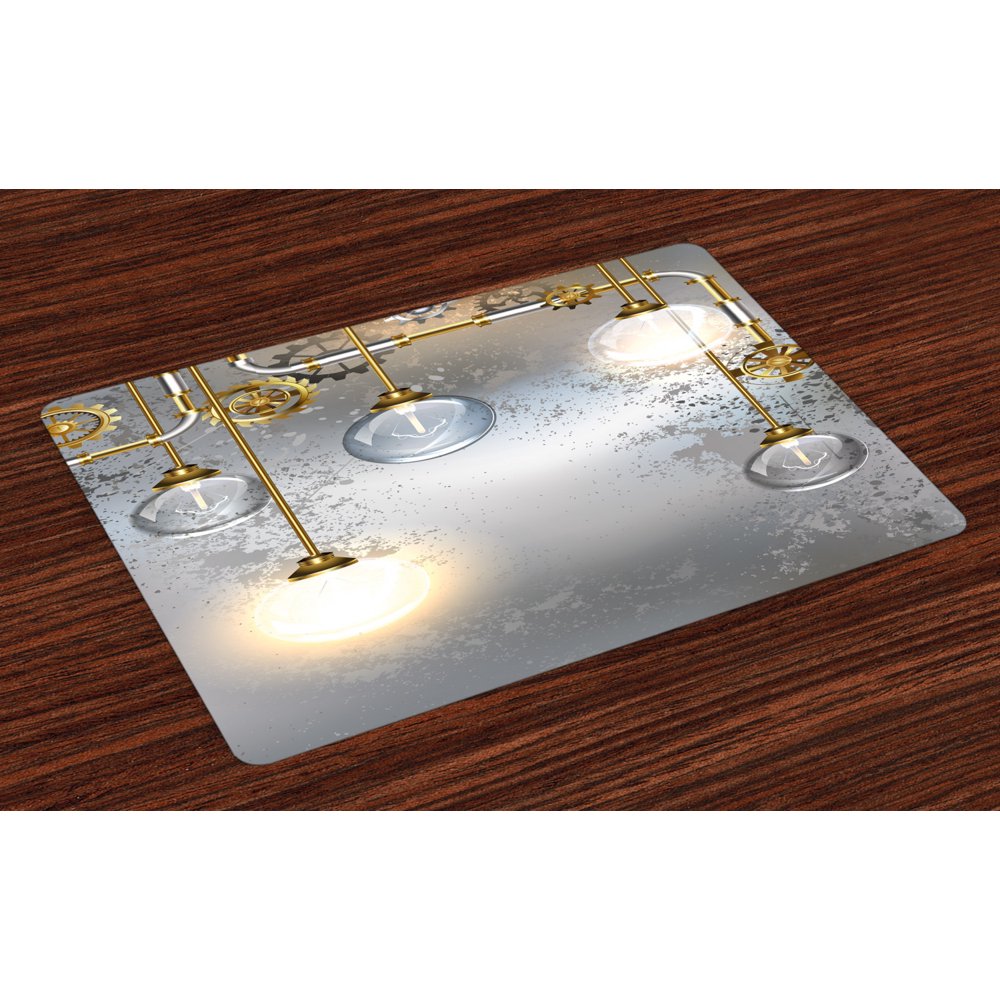 Industrial Placemats Set of 4 Steampunk Style Antique Composition Brass Fastening Round Figures