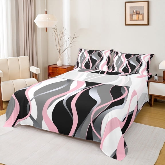 Manfei Pink Gray White Black Full Size Sheets 4pcs, Contemporary Geometric Bed Sheets, Aesthetic Lines Stripes Sheet Sets, Super Cozy Room Decor