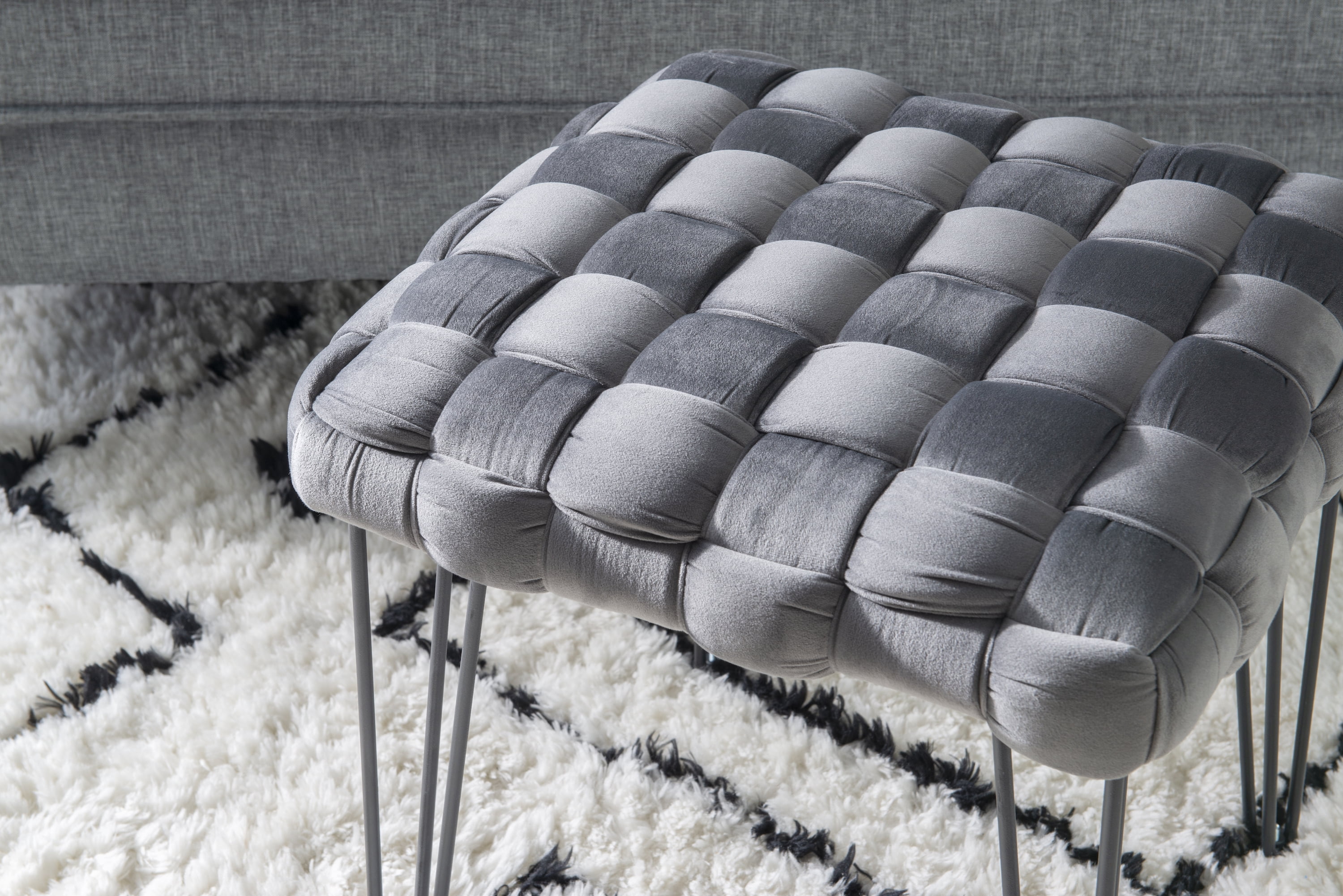 Powell Anya Square Handwoven Velvet Ottoman with Hairpin Legs, Gray