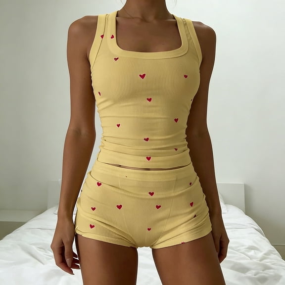 Chbgutlmr 2 Piece Lounge Sets for Women Heart Print Summer Fitted Outfits Sleeveless Square Neck Cop Tops Short Shorts Casual Cute Dressy Sets