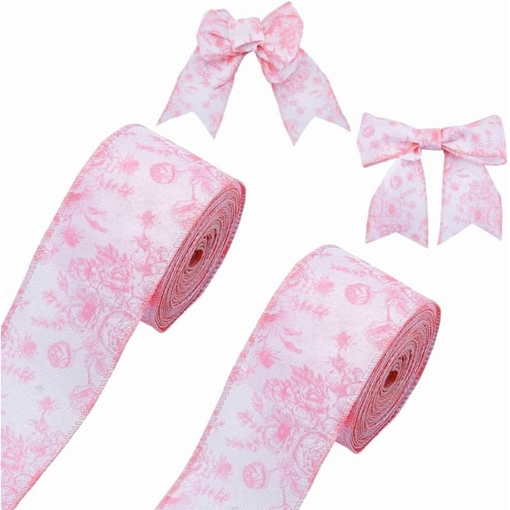 21.87 Yards Floral Wired Edge Ribbon Roll 2.4 inch Flower Pattern Wired Edge Fabric Ribbon