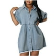 thumbnail image 2 of NSLGXD Womens Denim Dresses Short Sleeve Button Down Lapel Tunic Mini Dresses Casual Comfy Jean Dress for Women Pleated Dresses, 2 of 7