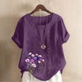 thumbnail image 2 of QIUOMBBP Womens Floral Print Tshirts Linen Roll Up Short Sleeve Plus Size Crew Neck Tops Loose Comfy Summer Lightweight Shirts Purple M, 2 of 5
