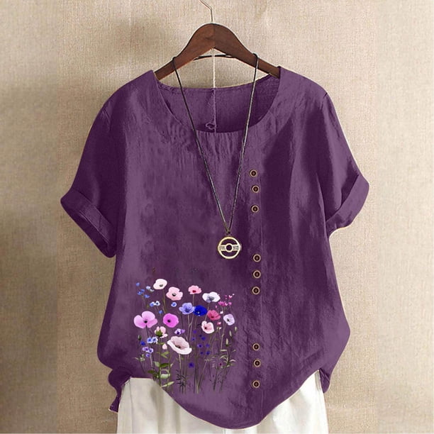 TaTaai Casual Printed Button Blouse, Women's Short Sleeve Linen Feel T-Shirt, Comfortable Top for All Seasons Gift