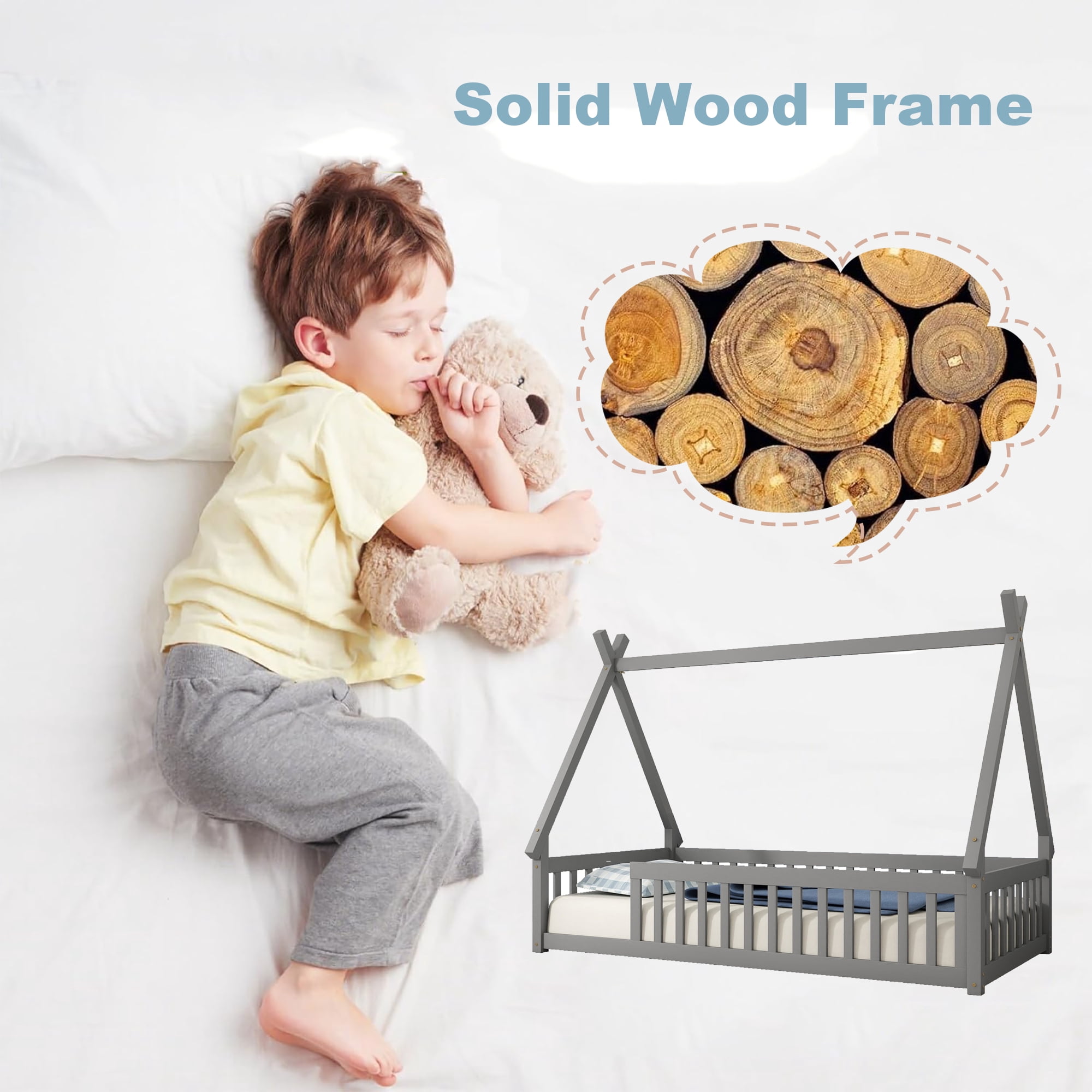 Twin Size House Floor Bed, Wood Montessori Bed Frame with Fence Guardrails, House Beds Frame No Box Spring Needed（Twin,Gray)