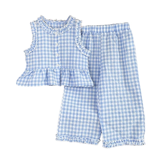 DXOUPM Girls Summer Outfits Ruffle Crewneck Plaid Tank Top and Wide Leg Pants Kids Clothes Set