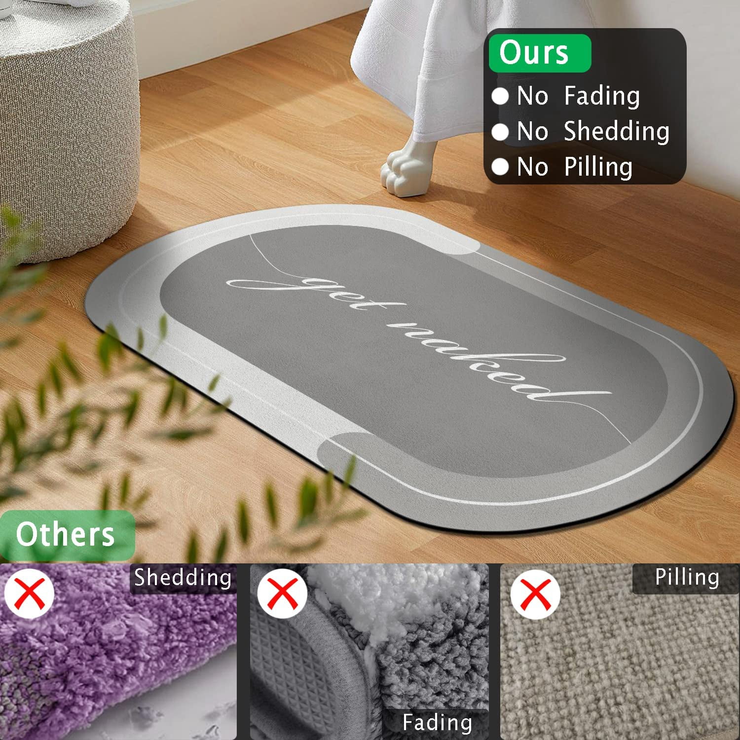 Funny Get Naked Bath Mat 17"x27" Super Water Absorbent Quick Dry Rubber Backed Washable Fun Bathroom Rugs Non Slip Bath Rugs Mats for Shower Oval Grey Bathroom Rug
