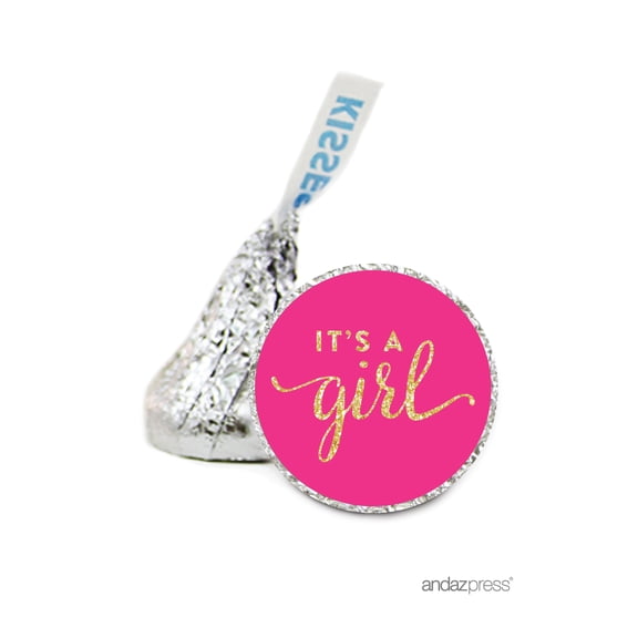 Girl Bubblegum Pink Gold Glitter Hershey´s Kiss Baby Shower Stickers, 216-Pack