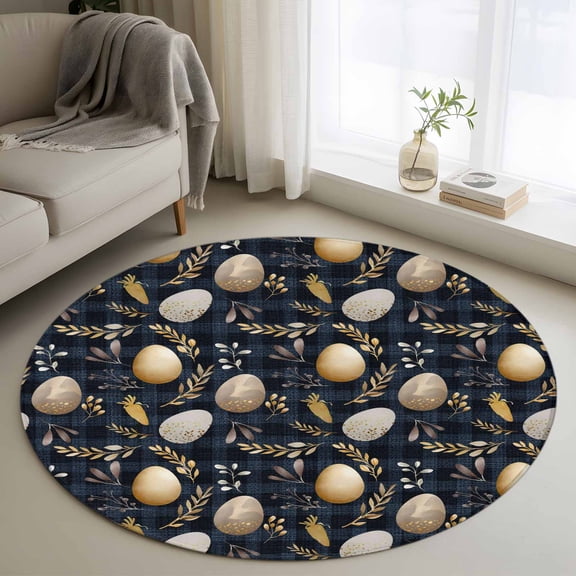 Round Rugs 3.3Ft, Vintage Easter Eggs Round Area Rug Washable Indoor Throw Carpet, Spring Botanical Leaves Black Soft Non Slip Circle Rug for Laundry Room Patio Home Decor Aesthetic