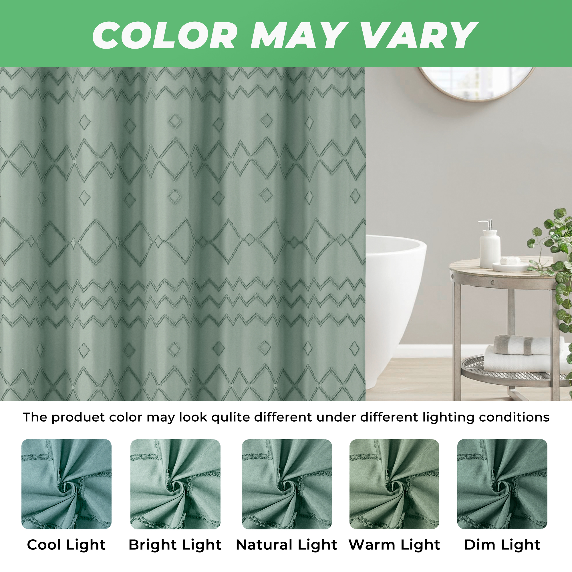 Seasonwood Boho Green Striped Fabric Shower Curtain with Hooks photo 7