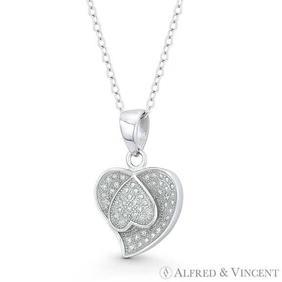 Double-Heart CZ Crystal Pave Pendant & Chain Necklace in .925 Sterling Silver w/ Rhodium