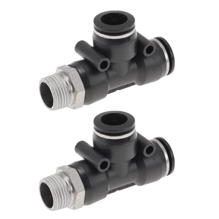 Unique Bargains Push to Connect Air Fittings 1/2" T Type Air Line Quick Connector Plastic Metal 3/8"BSPT 2 Pcs Black Silver Tone