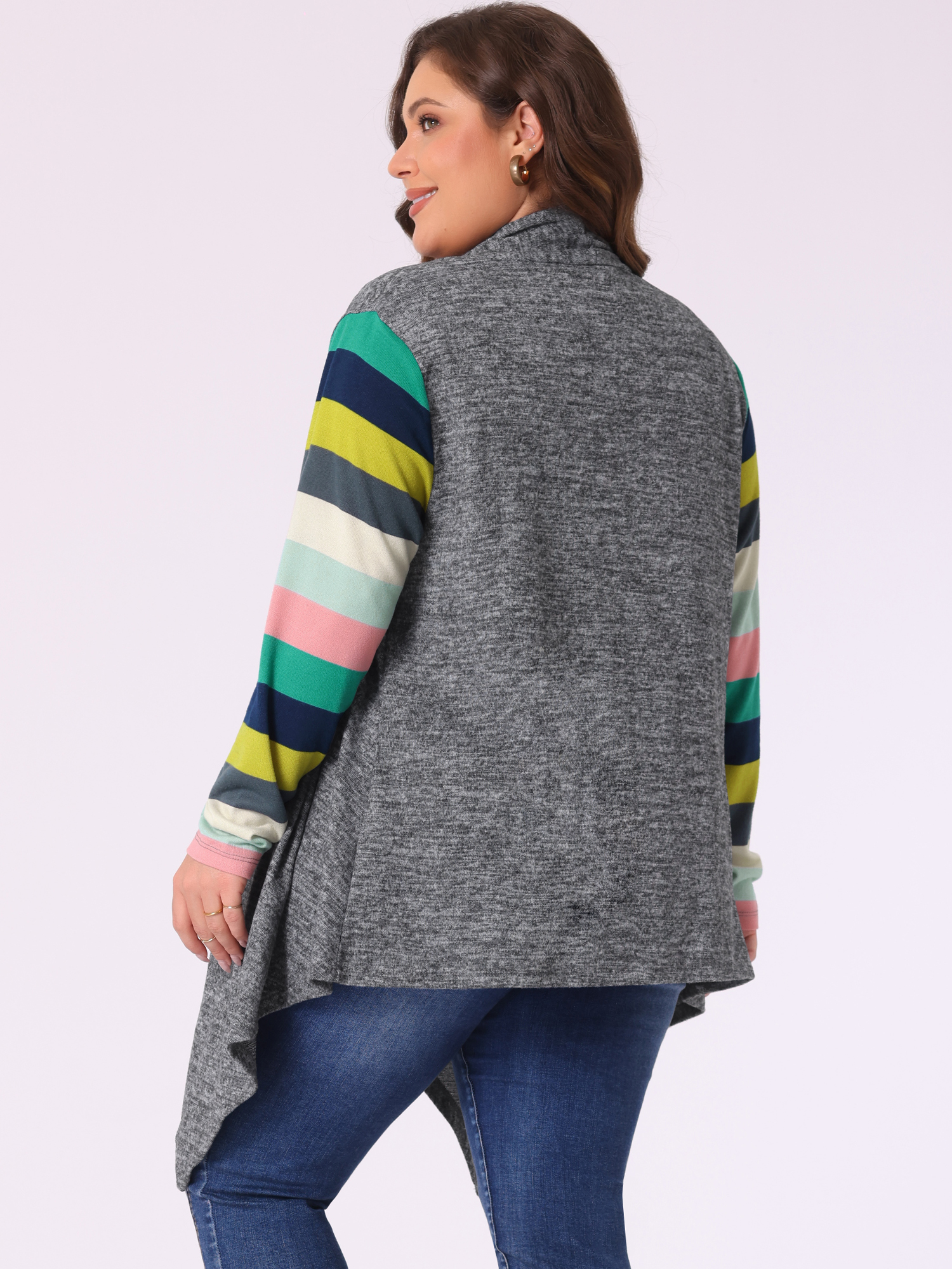 DARING DIVA Plus Size Striped Open Front Knit Cardigan Sweaters Shrugs 1X Dark Grey